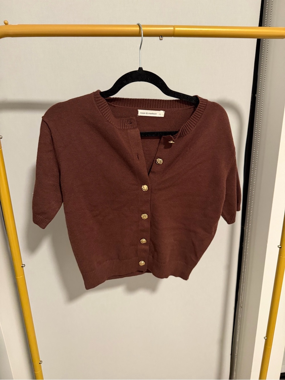 moon & madison Brown Short-Sleeve Button Cardigan with Gold Buttons